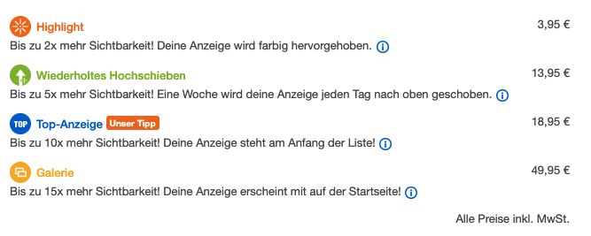Ebay Kleinanzeigen kostenpflichtige Optionen